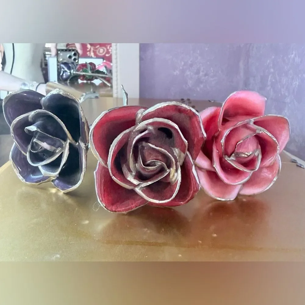 Artistic Silver Glass dipped Roses Pink Red and Purple